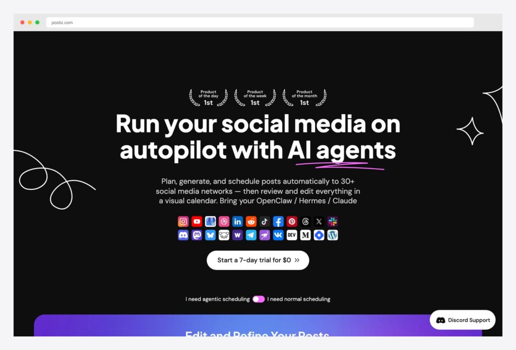 Postiz — open-source agentic social media scheduling tool homepage with All-in-one scheduling tagline, AI content and image generation features, self-hosting capabilities for individuals, marketers, and businesses to manage multiple social media accounts, schedule posts, and analyze engagement from one intuitive dashboard