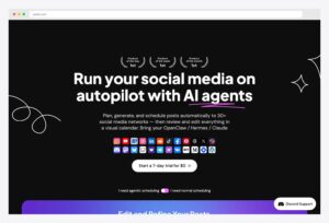 Postiz — open-source agentic social media scheduling tool homepage with All-in-one scheduling tagline, AI content and image generation features, self-hosting capabilities for individuals, marketers, and businesses to manage multiple social media accounts, schedule posts, and analyze engagement from one intuitive dashboard