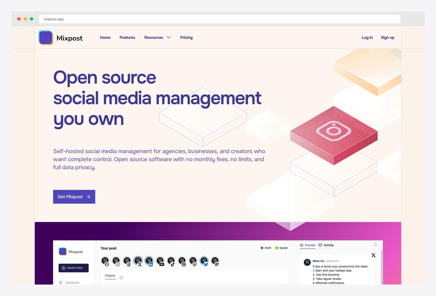 Mixpost — open-source self-hosted social media manager homepage with hero showing the unified dashboard for managing accounts across 11 social platforms, content planning and scheduling features, automation capabilities, and visually intuitive interface for individual creators, agencies, and businesses