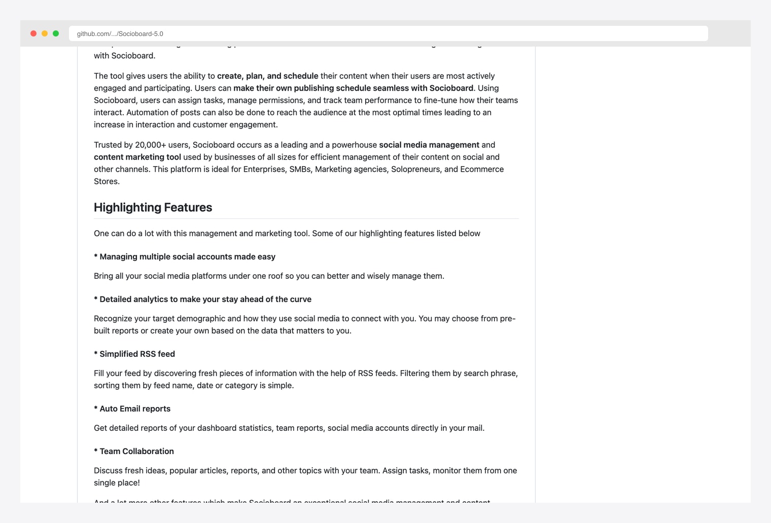 Socioboard 5.0 — open-source social media management platform GitHub README documenting long-standing solution providing detailed reporting and team workflow tools across multiple social platforms with multi-tenant architecture and microservices backend
