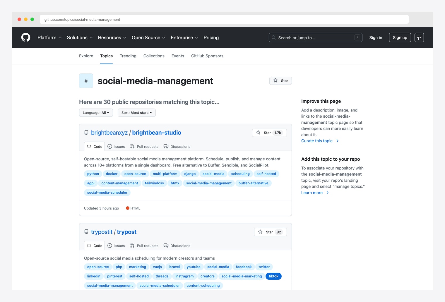 GitHub topic social-media-management — directory of public open-source social media management repositories tagged social-media-management, showing the wider ecosystem of free scheduling tools, analytics platforms, and content management systems beyond the picks above