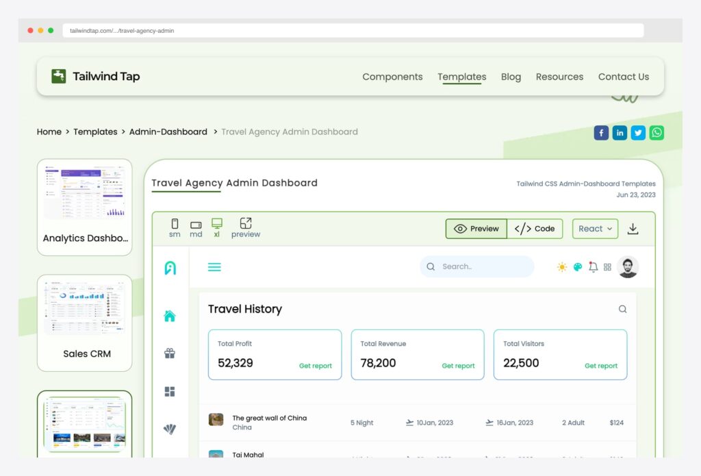 TailwindTap Travel Agency Admin Dashboard — Tailwind CSS + React travel admin template product page showing the dashboard preview with Travel History feed (named destinations with night counts, depart and return dates, adult counts, and prices), KPI cards (Total Profit, Total Revenue, Total Visitors with Get Report links), responsive preview controls (sm / md / xl), and sibling templates (Analytics Dashboard, Sales CRM) listed in the left rail