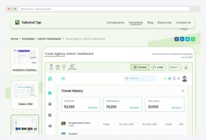 TailwindTap Travel Agency Admin Dashboard — Tailwind CSS + React travel admin template product page showing the dashboard preview with Travel History feed (named destinations with night counts, depart and return dates, adult counts, and prices), KPI cards (Total Profit, Total Revenue, Total Visitors with Get Report links), responsive preview controls (sm / md / xl), and sibling templates (Analytics Dashboard, Sales CRM) listed in the left rail