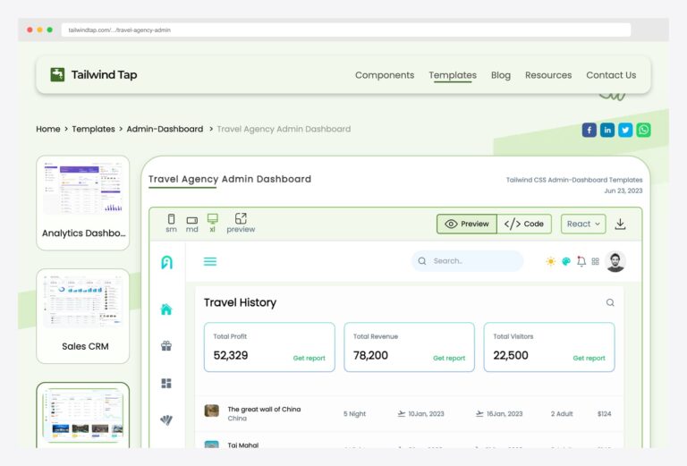 TailwindTap Travel Agency Admin Dashboard — Tailwind CSS + React travel admin template product page showing the dashboard preview with Travel History feed (named destinations with night counts, depart and return dates, adult counts, and prices), KPI cards (Total Profit, Total Revenue, Total Visitors with Get Report links), responsive preview controls (sm / md / xl), and sibling templates (Analytics Dashboard, Sales CRM) listed in the left rail