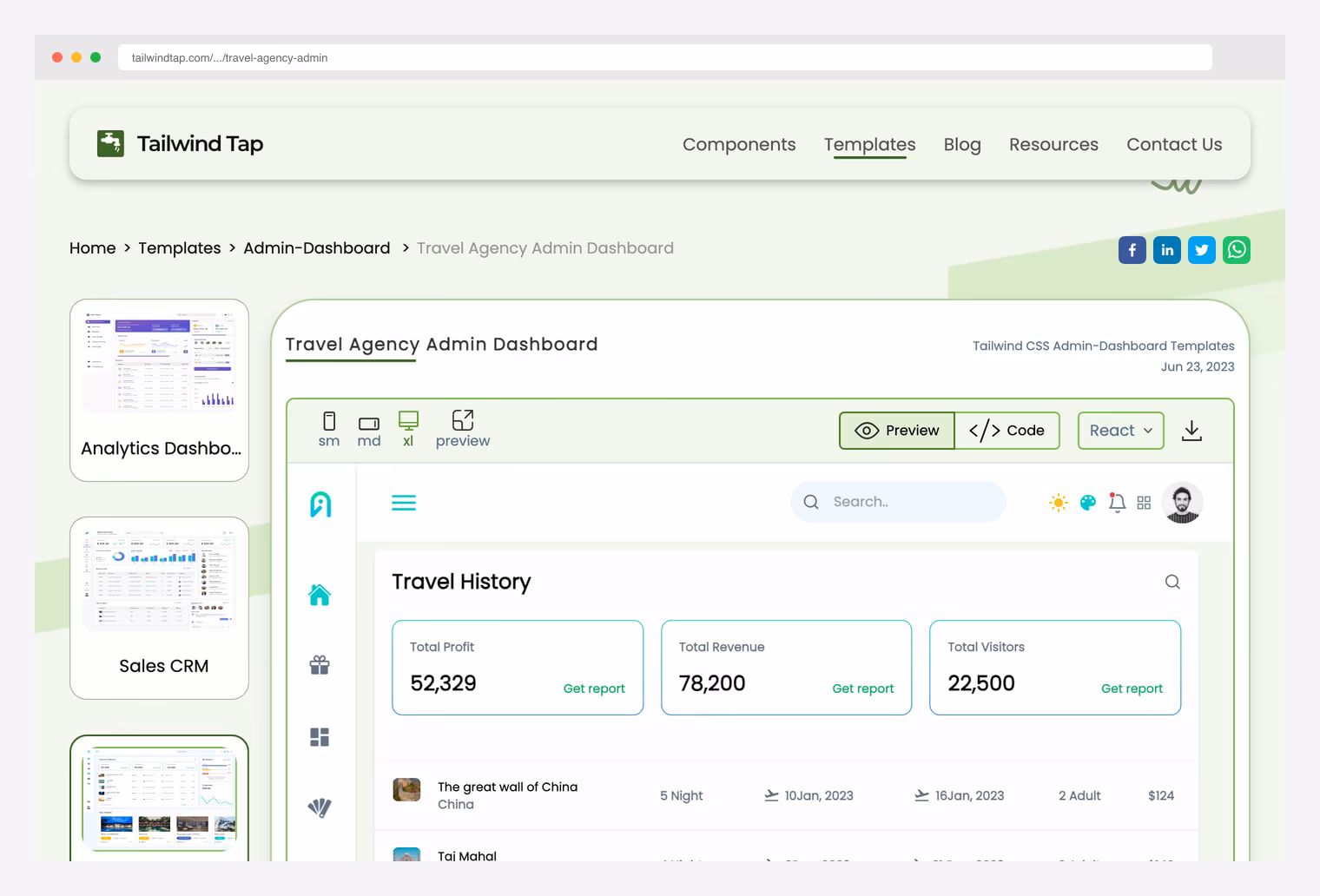 TailwindTap Travel Agency Admin Dashboard — Tailwind CSS + React travel admin template product page showing the dashboard preview with Travel History feed (named destinations with night counts, depart and return dates, adult counts, and prices), KPI cards (Total Profit, Total Revenue, Total Visitors with Get Report links), responsive preview controls (sm / md / xl), and sibling templates (Analytics Dashboard, Sales CRM) listed in the left rail