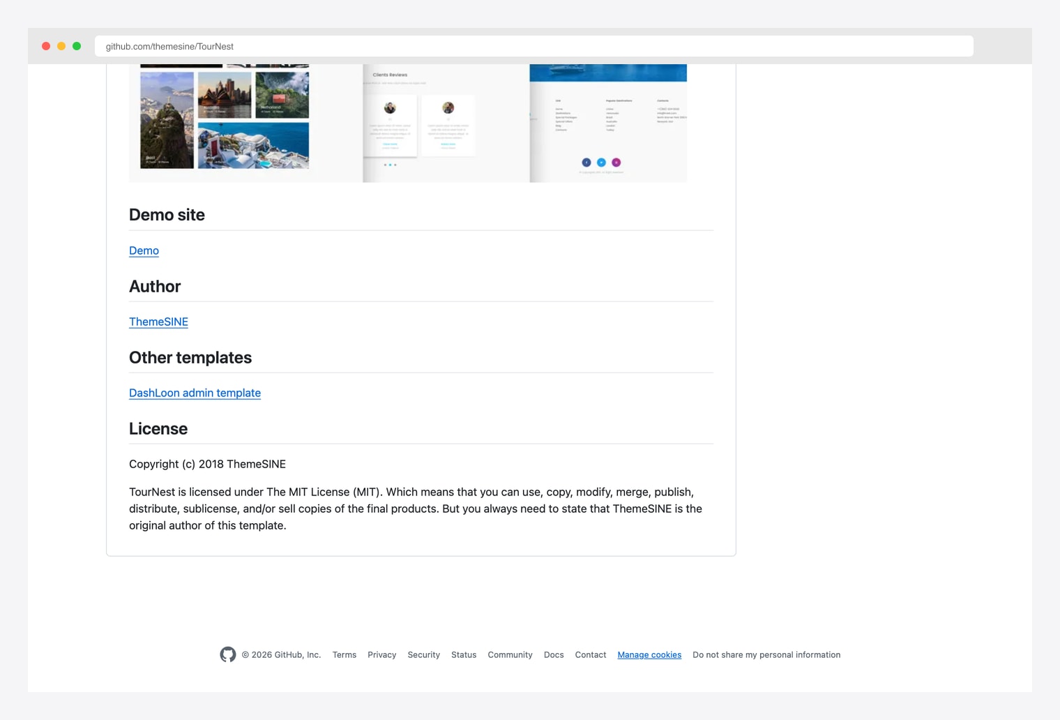 TourNest by themesine — free open-source HTML5 Bootstrap tours and travel agency frontend template, GitHub README showing the customer-facing tour listings site with destination cards, package categories, and contact form (frontend marketing site, not the admin)