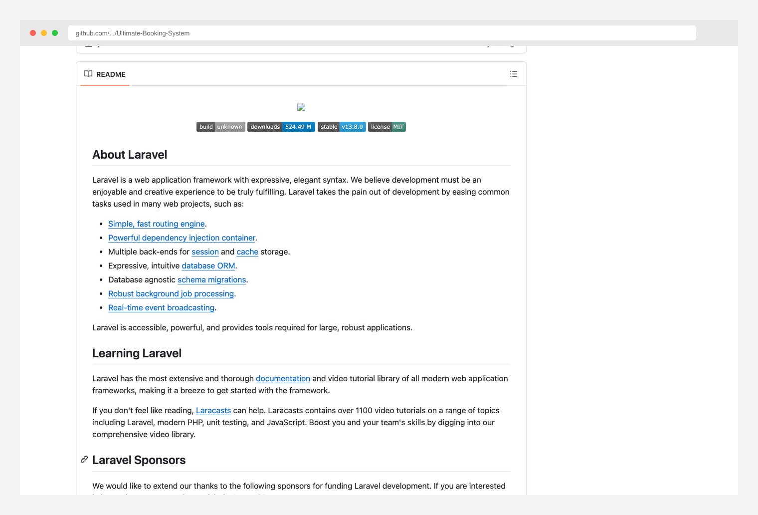 Ultimate Booking System (Booking Core) by BlondelSeumo — Laravel-based booking platform designed for travel websites, marketplaces, travel agencies, tour operators, room Bnb, villa rentals, and resort rentals, GitHub README documenting multi-vertical booking engine with rate plans, advance payment, and admin back-office