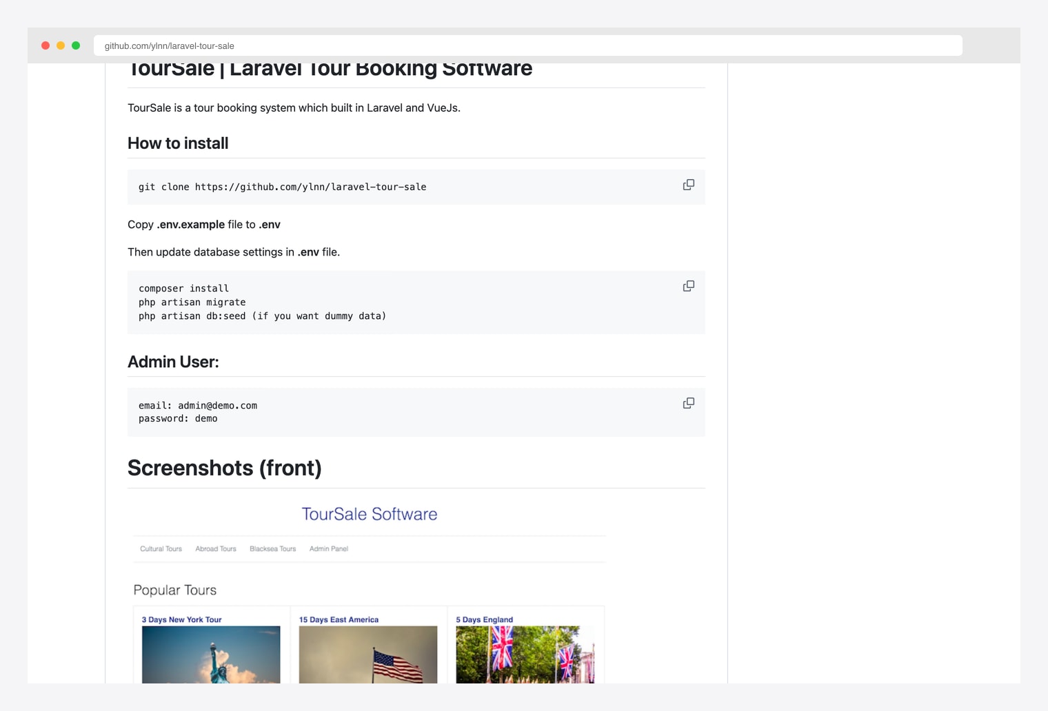 TourSale (laravel-tour-sale) by ylnn — tour sale software built with Laravel and Vue.js, GitHub README documenting tour package management, booking workflow, customer management, and Vue.js-powered SPA frontend on top of Laravel API backend