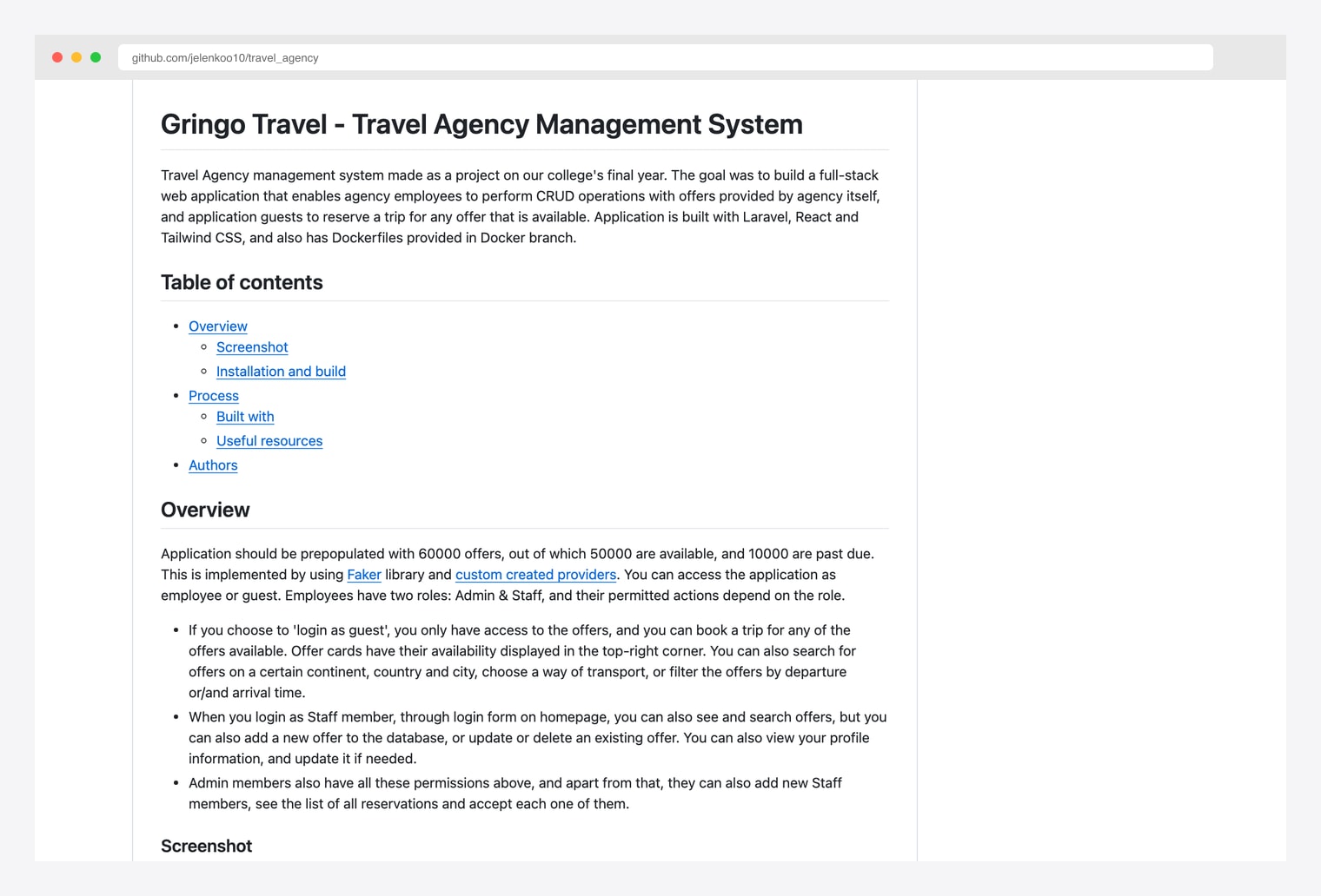 travel_agency by jelenkoo10 — Travel Agency management system full-stack web application made with React, Laravel, and TailwindCSS, GitHub README documenting Dockerfiles for deployment, member management, tour CRUD, and Tailwind-styled admin interface