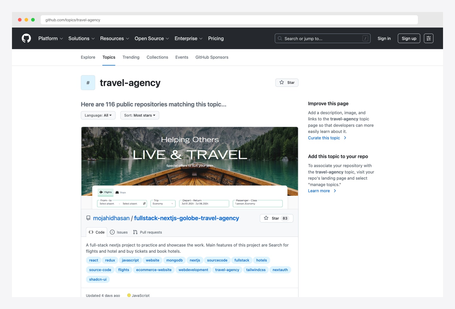 GitHub topic travel-agency — directory of public open-source travel-agency repositories tagged travel-agency, showing the wider ecosystem of free travel admin, tour booking, and reservation management systems beyond the picks above