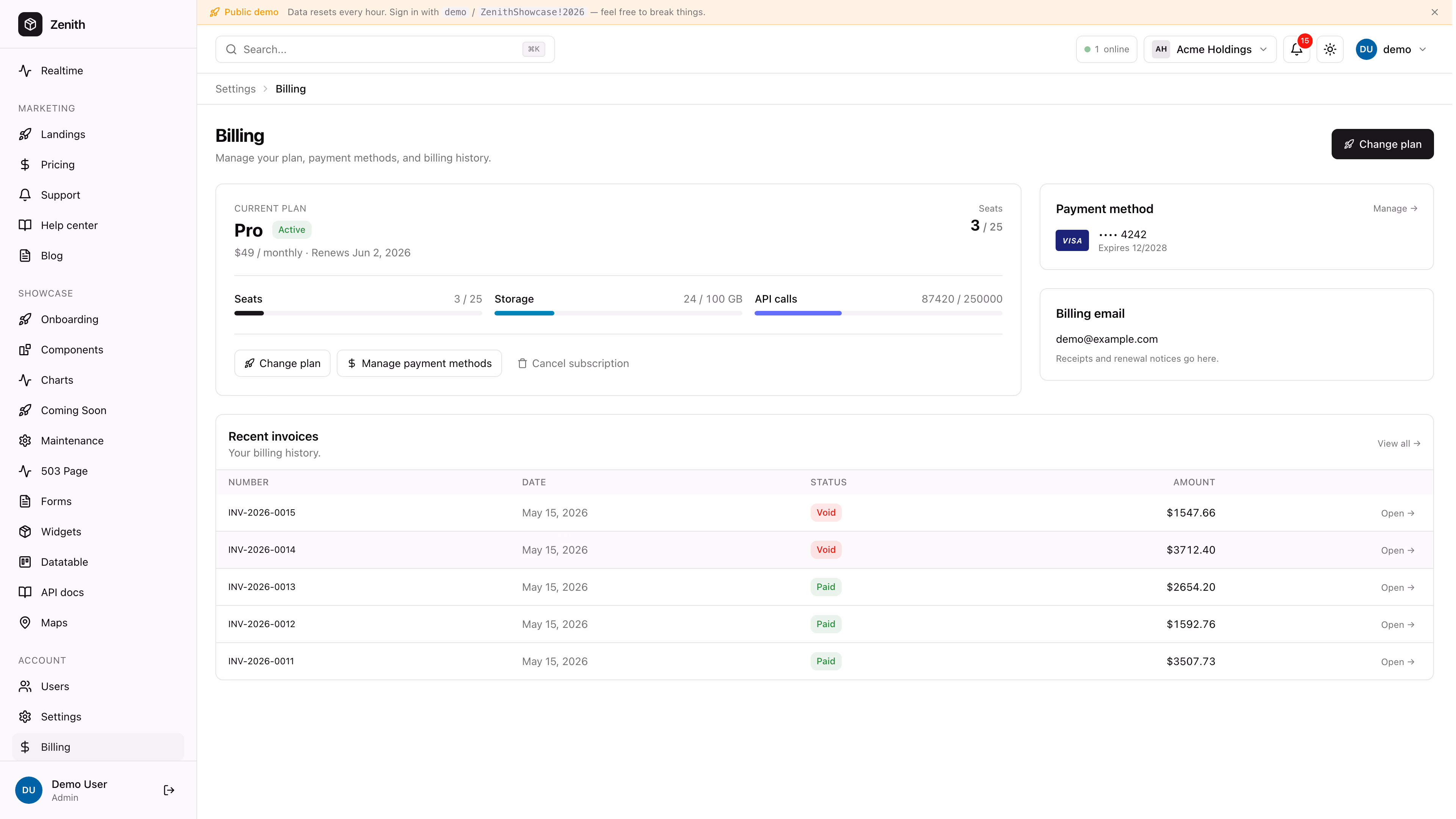 Zenith Dashboard Django SaaS admin showing Stripe-style billing with plan tiers, seats, and invoice history