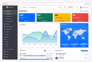 AdminLTE 4 for Laravel — dashboard with stat boxes, ApexCharts and vector map (light theme)