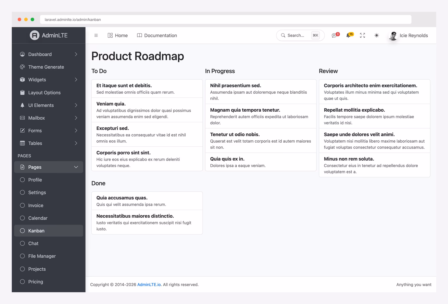 Scaffolded drag-and-drop kanban board in AdminLTE 4 for Laravel