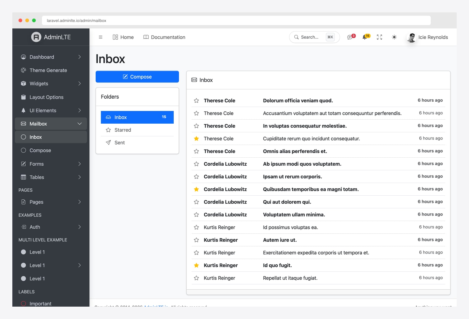 Scaffolded database-backed mailbox section in AdminLTE 4 for Laravel