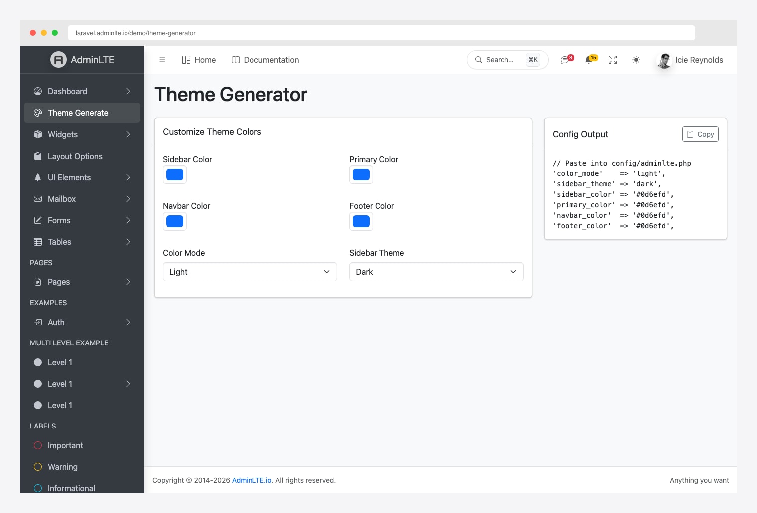 AdminLTE 4 theme generator page running in Laravel