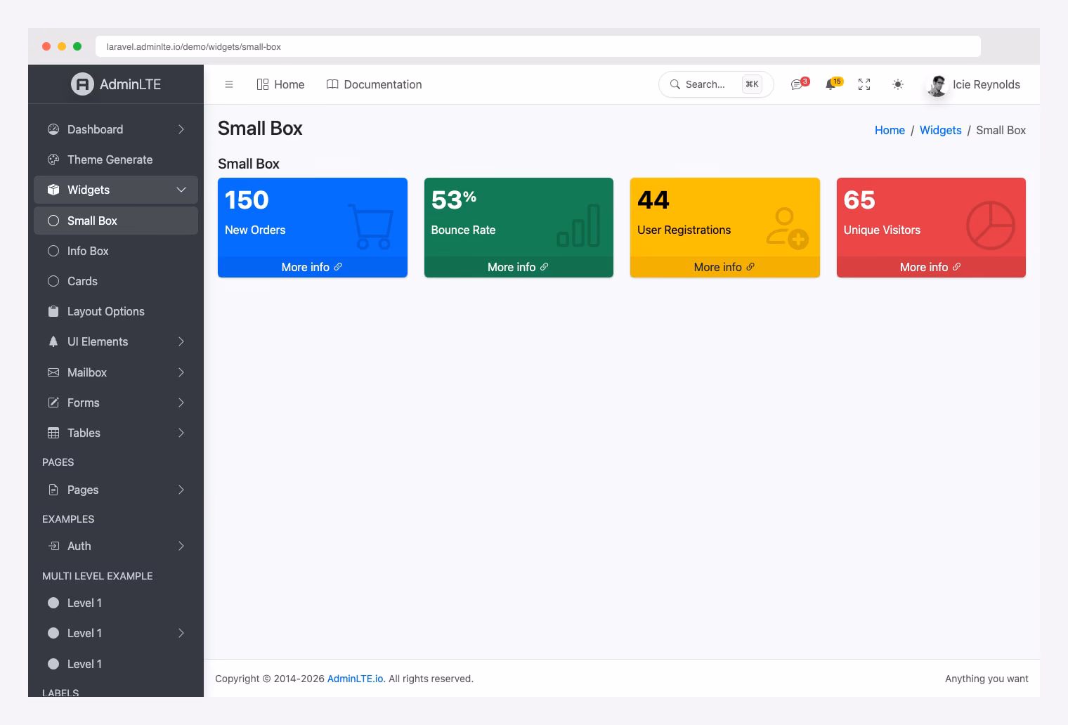 AdminLTE Laravel Blade widget components — small boxes and info boxes