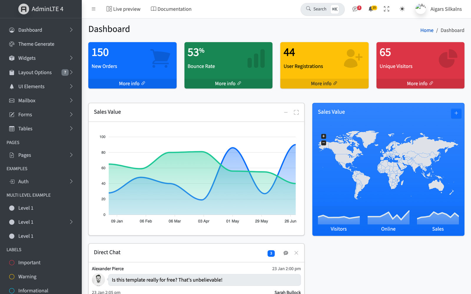AdminLTE 4 for React and Next.js — free official admin dashboard
