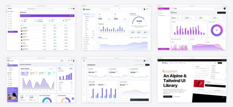 The best alpinejs admin dashboard templates — collage of six template screenshots