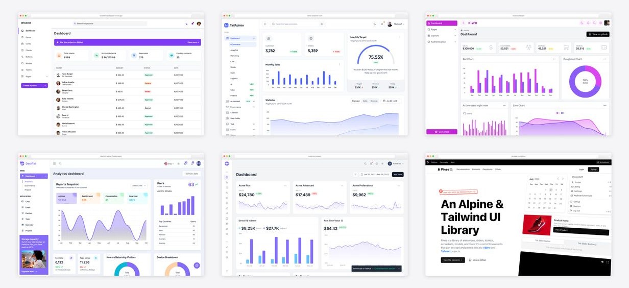 The best alpinejs admin dashboard templates — collage of six template screenshots