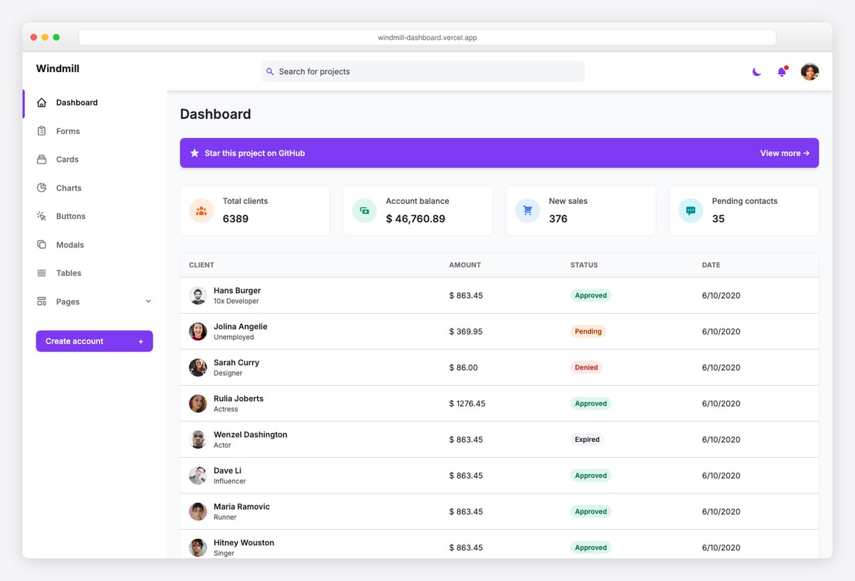Windmill free Tailwind and Alpine.js admin dashboard template