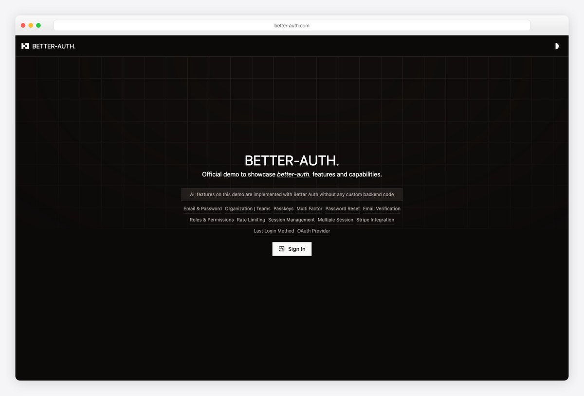 Better Auth official demo dashboard with organizations and passkeys