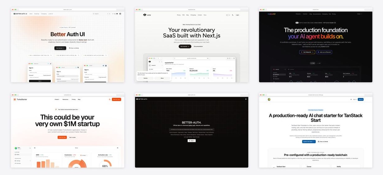 The best better auth starter kits — collage of six template screenshots