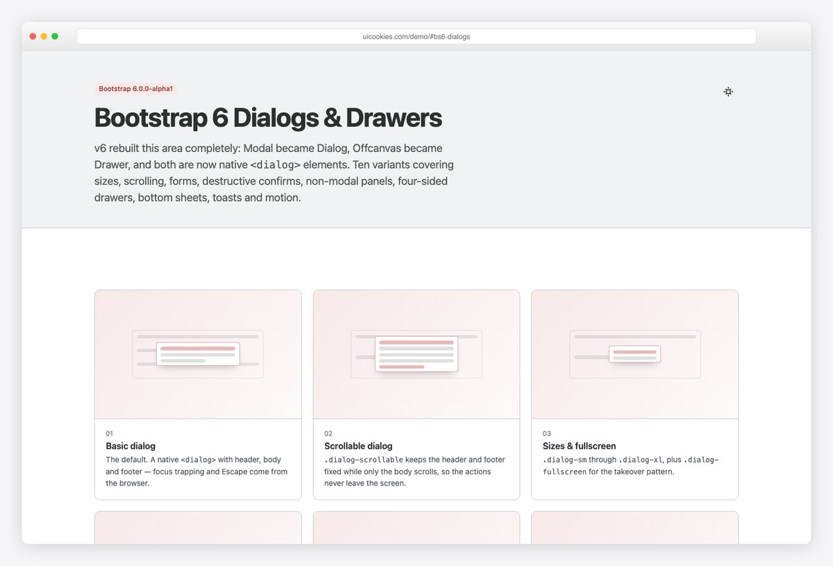 Ten free Bootstrap 6 dialog and drawer templates including destructive confirms and four-sided drawers
