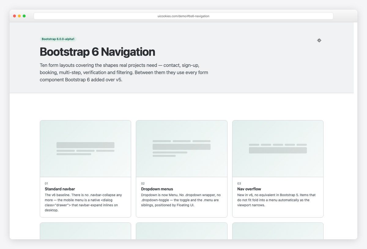 Eight free Bootstrap 6 navigation examples including navbar with drawer, sidebar rail and breadcrumbs