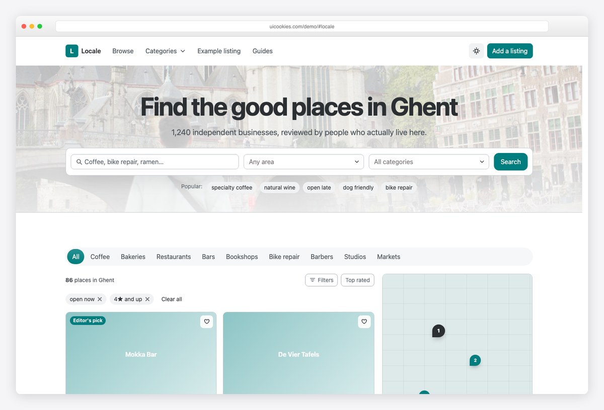 Locale free Bootstrap 6 directory and listings template with searchable filters and map rail