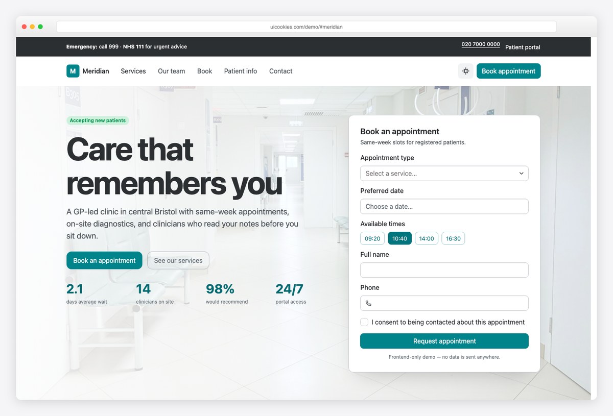 Meridian free Bootstrap 6 medical template with appointment booking and OTP patient portal