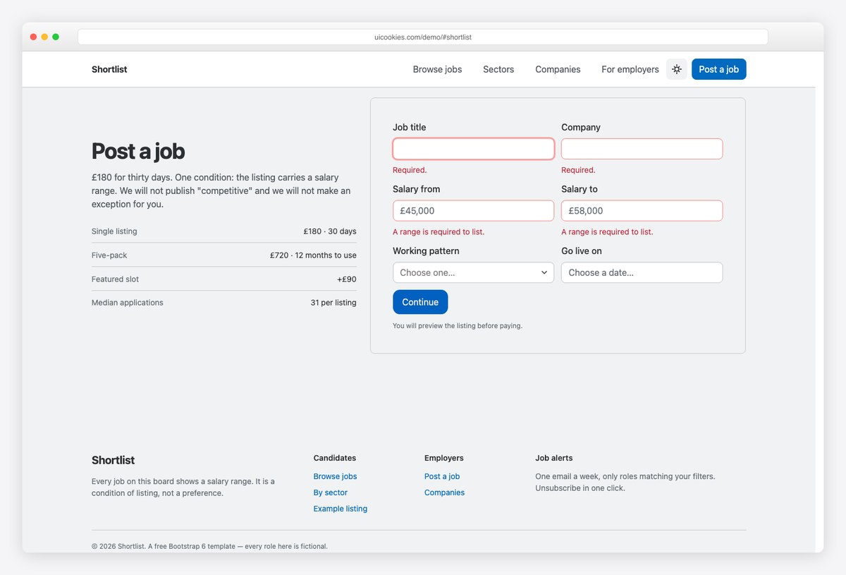 Shortlist free Bootstrap 6 job board template with salary-floor range filtering