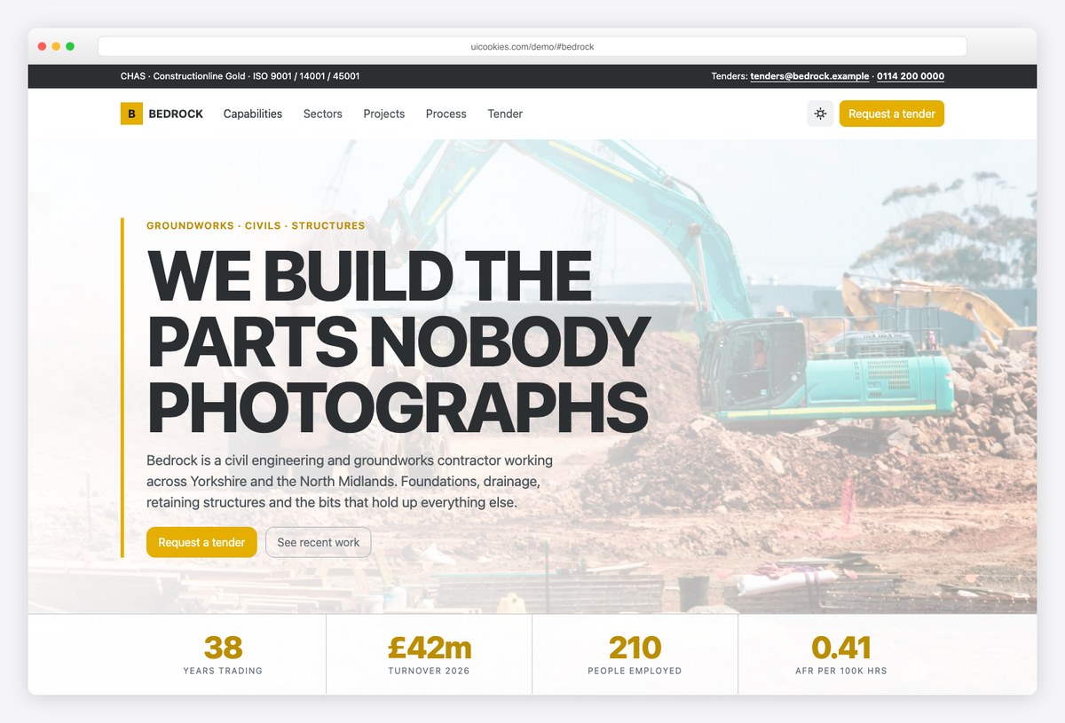 Bedrock free Bootstrap 6 construction template with stepper-driven process section