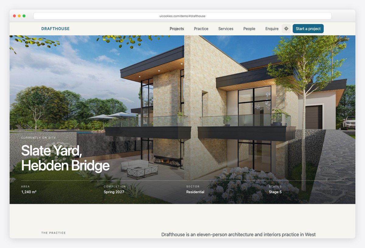 Drafthouse free Bootstrap 6 architecture template with drawing-sheet design language