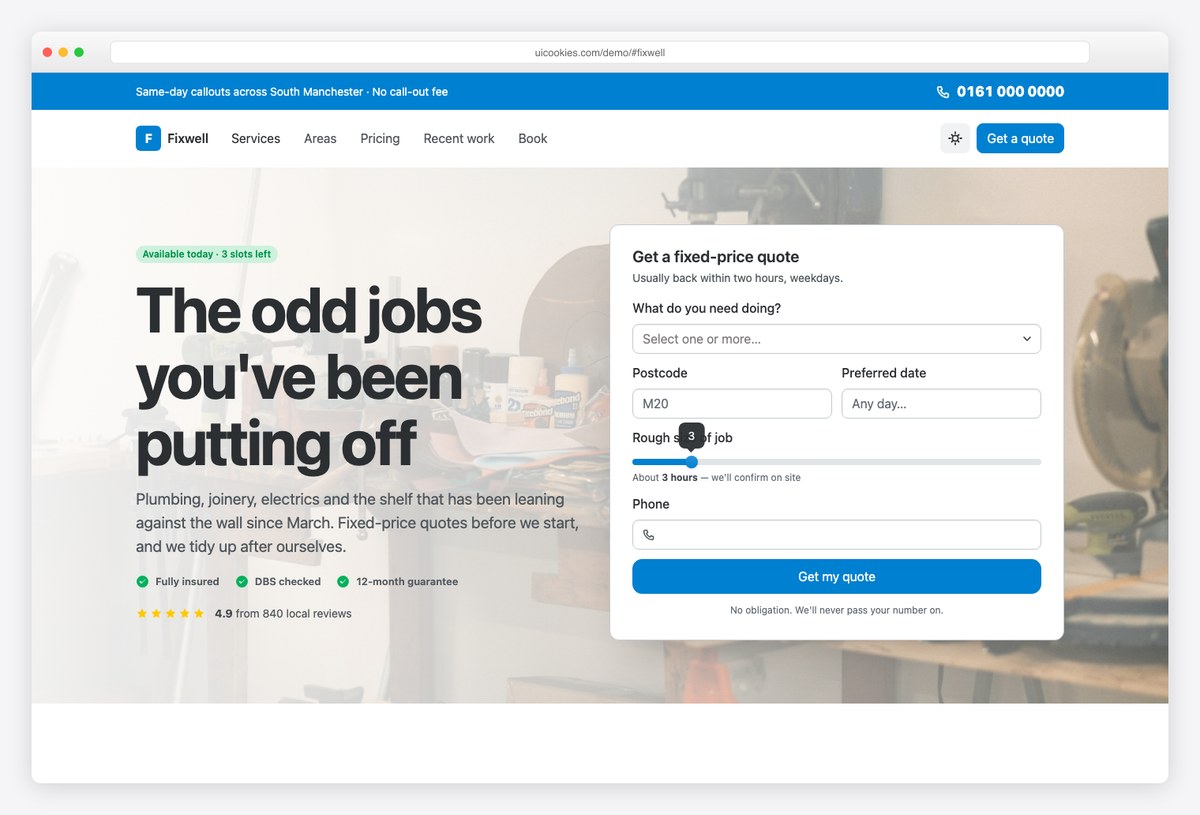 Fixwell free Bootstrap 6 handyman home services template with postcode coverage checker