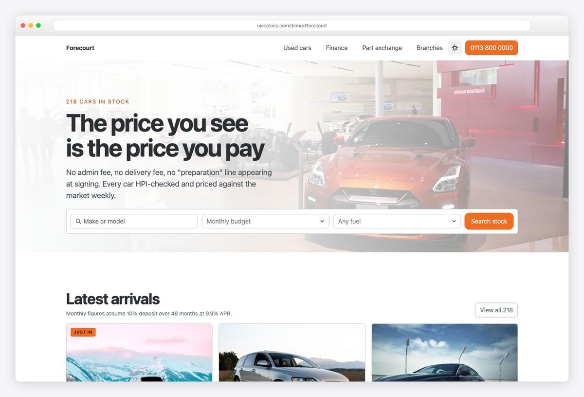 Forecourt free Bootstrap 6 car dealership template with live finance calculator