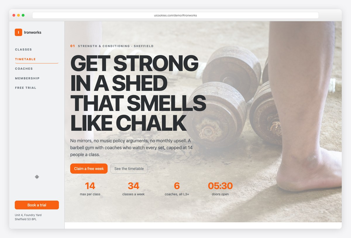 Ironworks free Bootstrap 6 gym template with vertical rail navigation and class timetable