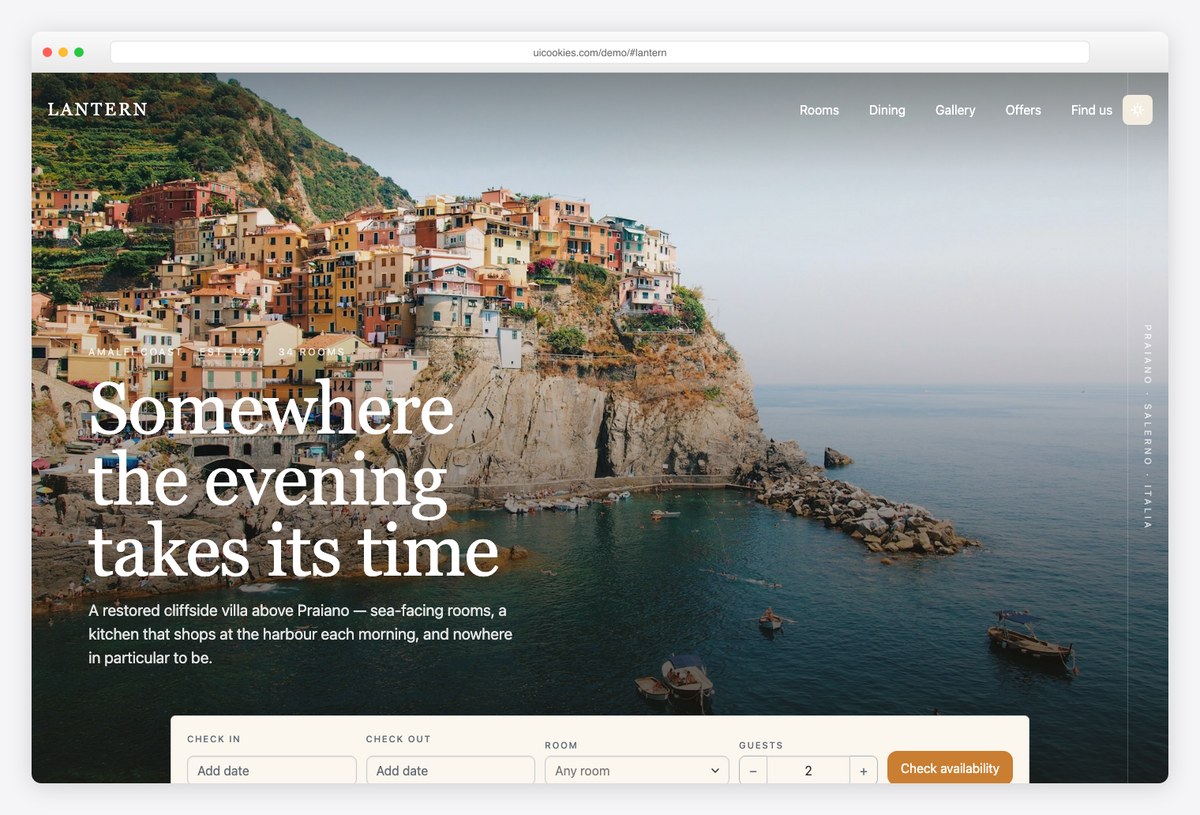 Lantern free Bootstrap 6 hotel resort template with docking date-range booking bar