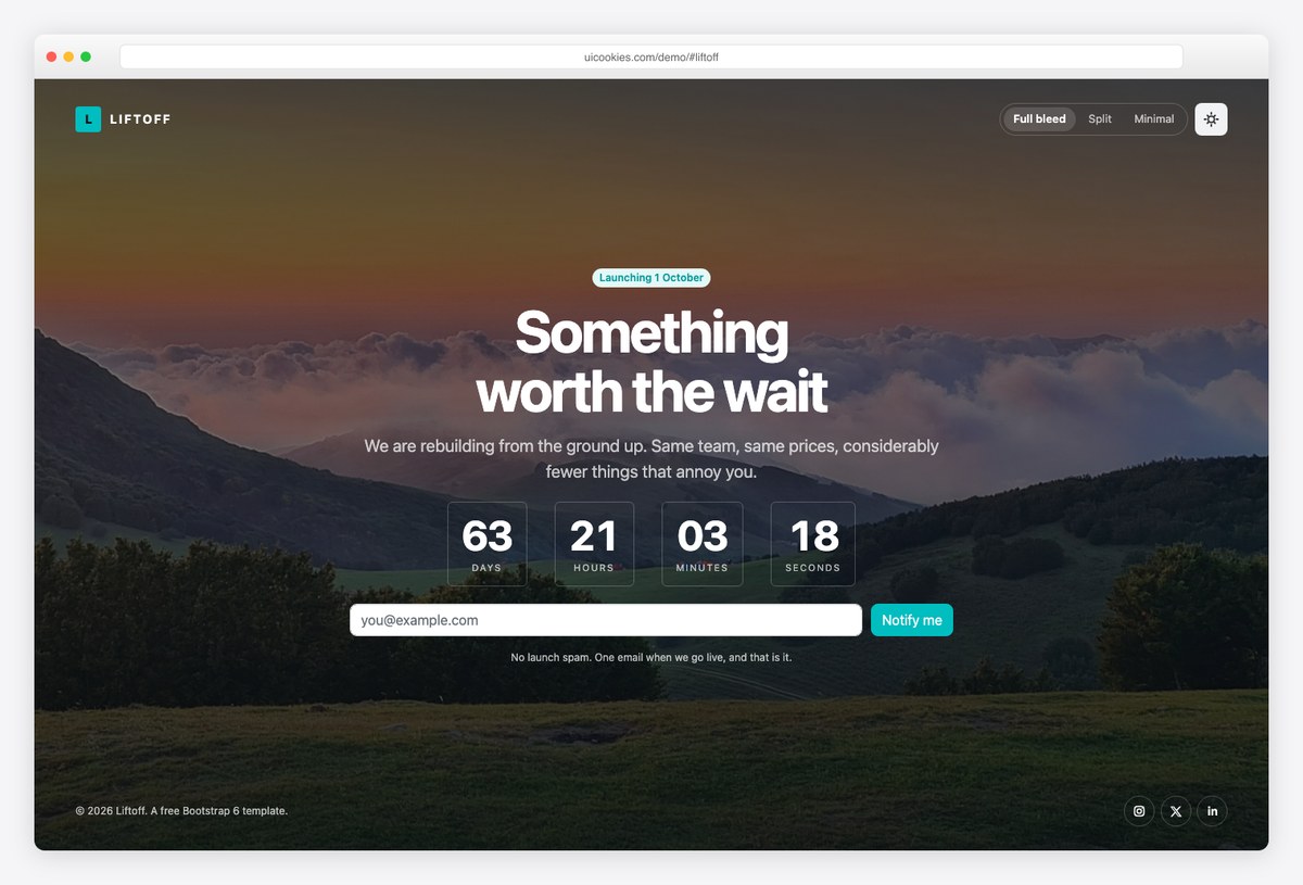 Liftoff free Bootstrap 6 coming soon template in three layouts with countdown