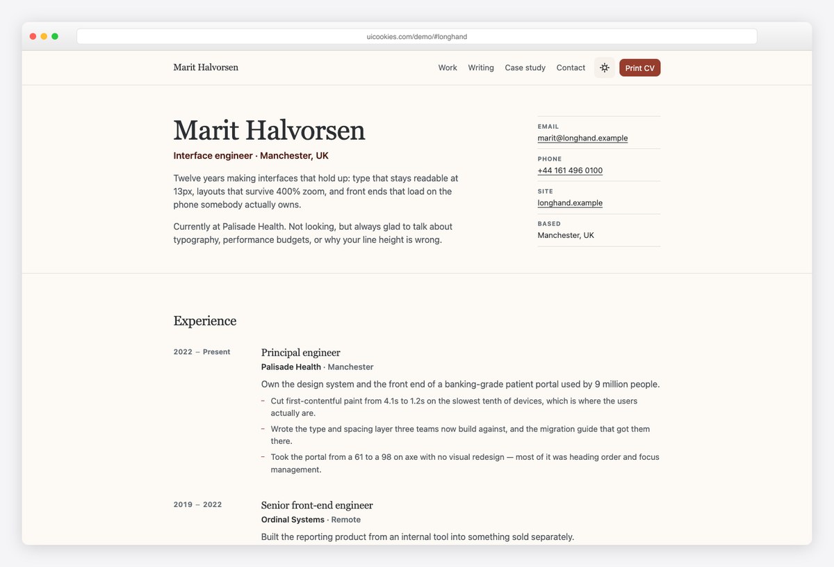 Longhand free Bootstrap 6 personal website and CV template with print stylesheet