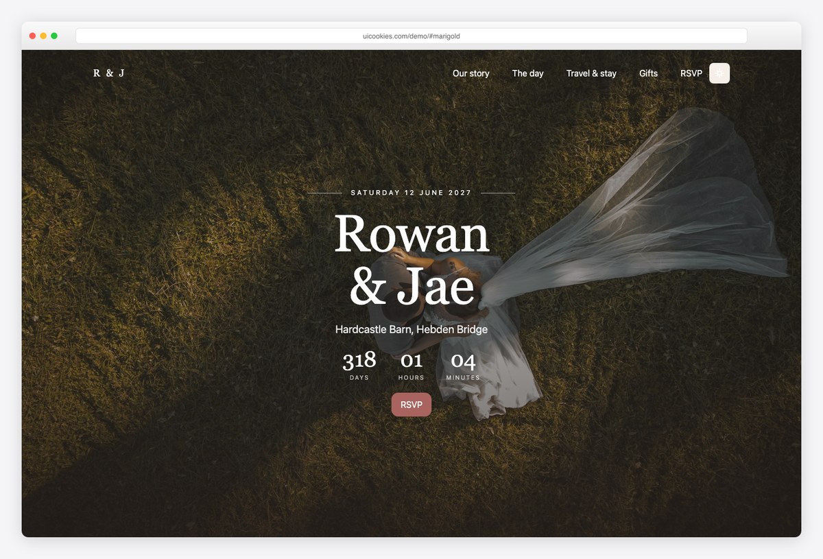 Marigold free Bootstrap 6 wedding template with countdown, gift list and RSVP