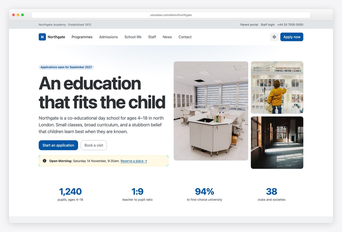 Northgate free Bootstrap 6 school and college template with admissions stepper
