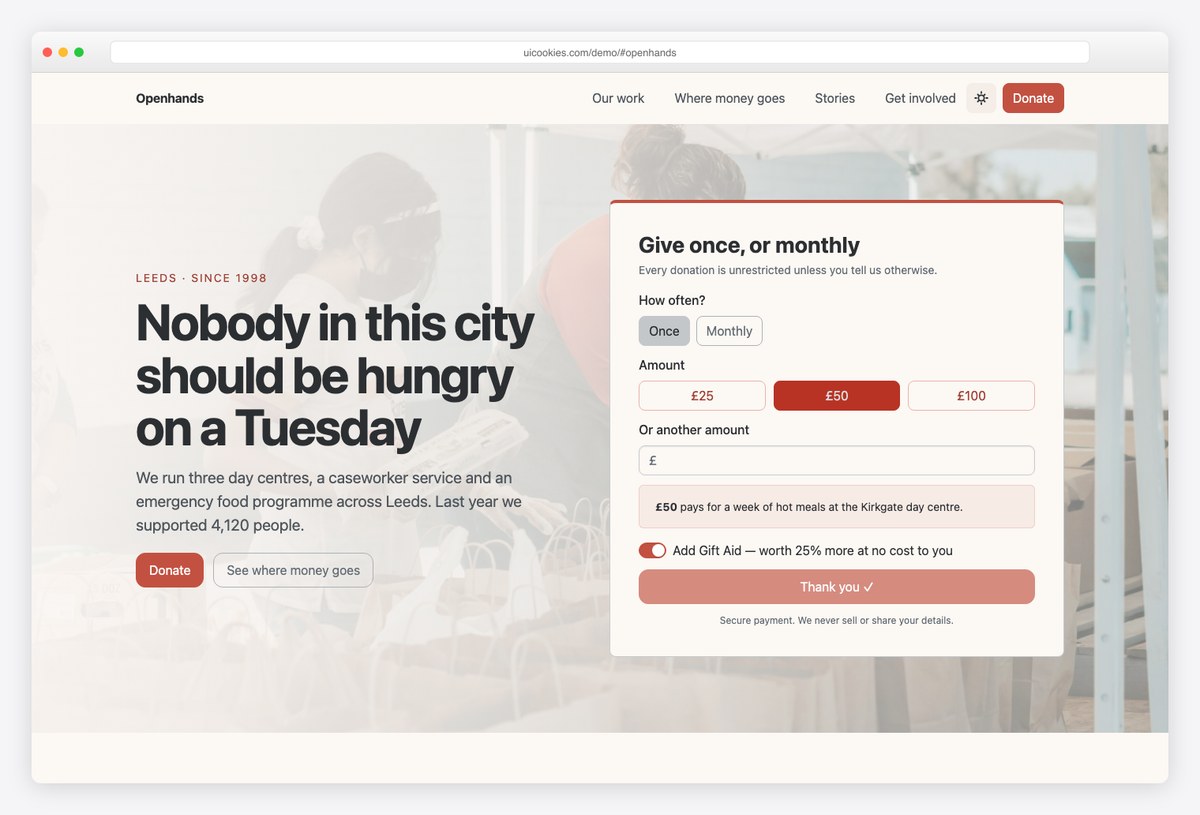 Openhands free Bootstrap 6 charity NGO template with donate widget and fund allocation