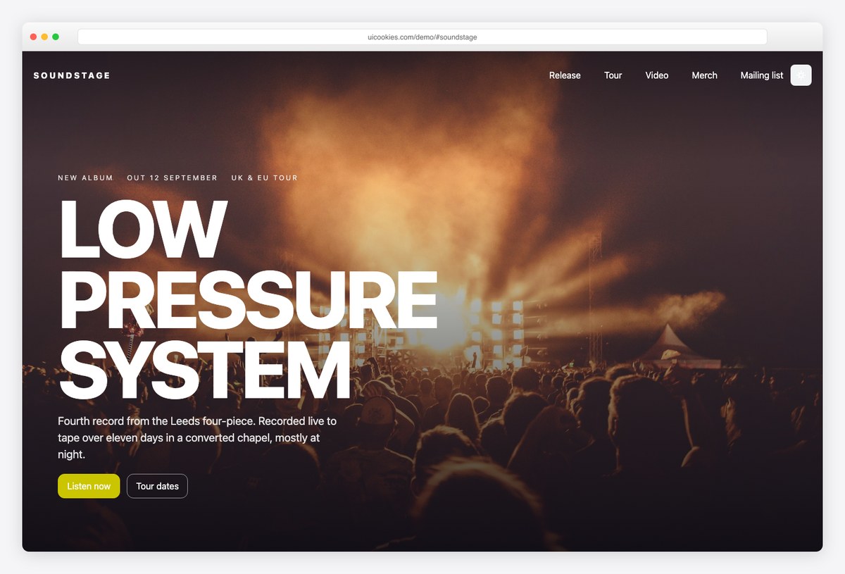Soundstage free Bootstrap 6 band and musician template with tracklist play state