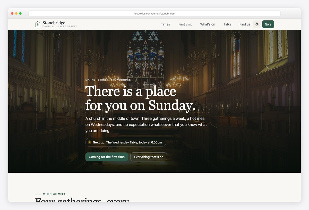 Stonebridge free Bootstrap 6 church template with self-updating service times