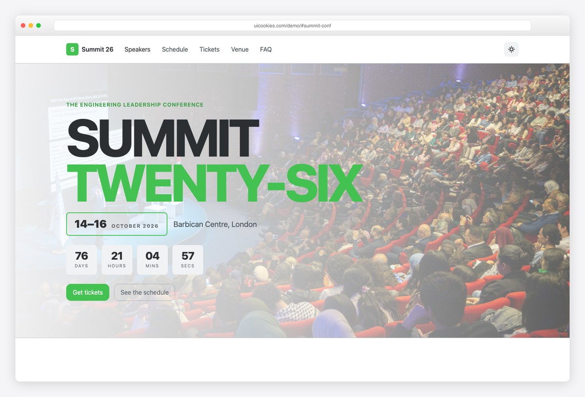 Summit free Bootstrap 6 conference template with live countdown and day-tabbed schedule