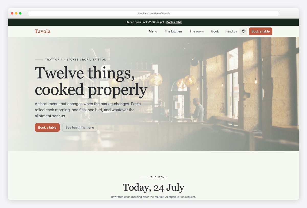 Tavola free Bootstrap 6 restaurant template with tabbed menu and table booking