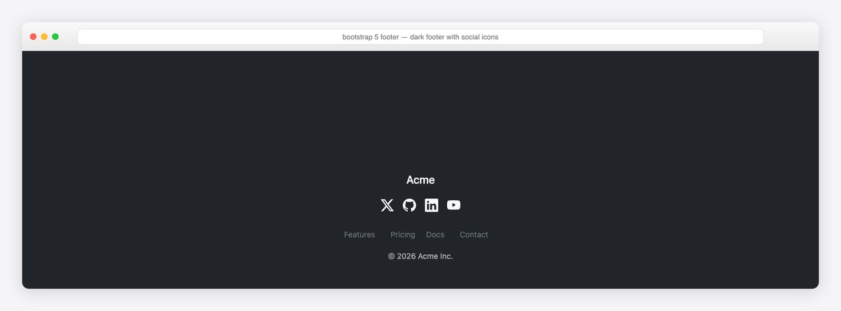 Bootstrap 5 footer example — dark footer with social icons