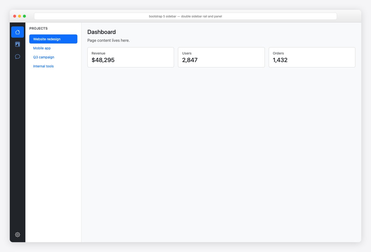 Bootstrap 5 sidebar example — double sidebar rail and panel