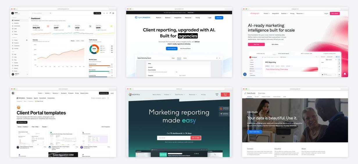 The best client dashboard design examples — collage of six template screenshots