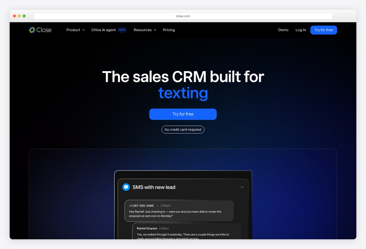Close CRM dashboard example for sales teams